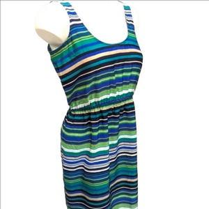 Loft blue and green striped tank top midi dress 2P